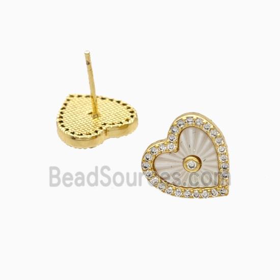 Copper Heart Stud Earrings Pave Zirconia Shell 18K Gold Plated