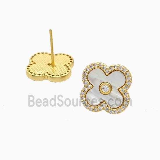 Copper Clover Stud Earrings Pave Zirconia Shell 18K Gold Plated