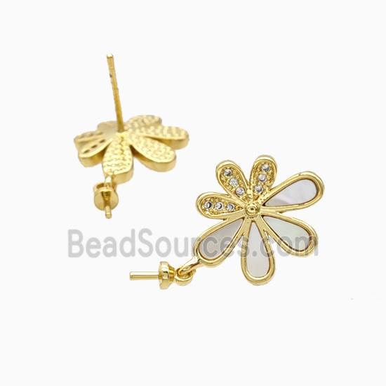 Copper Flower Stud Earrings Pave Zirconia Shell 18K Gold Plated