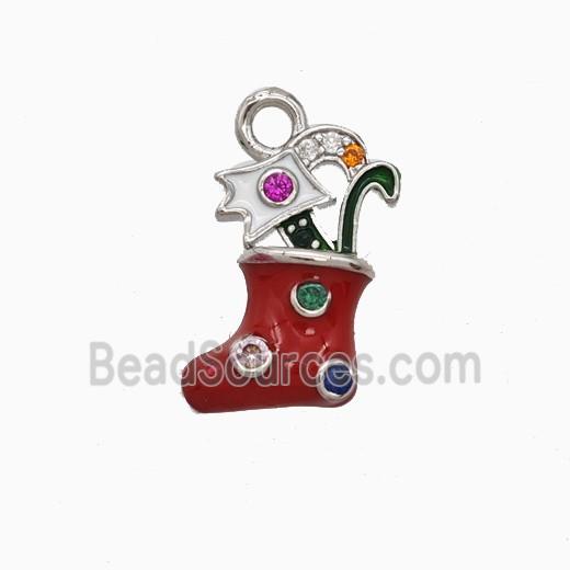 Christmas Stocking Charms Copper Pendant Pave Zirconia Red Enamel Platinum Plated