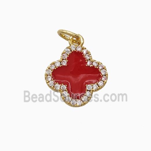Copper Clover Pendant Pave Zirconia Red Enamel Gold Plated