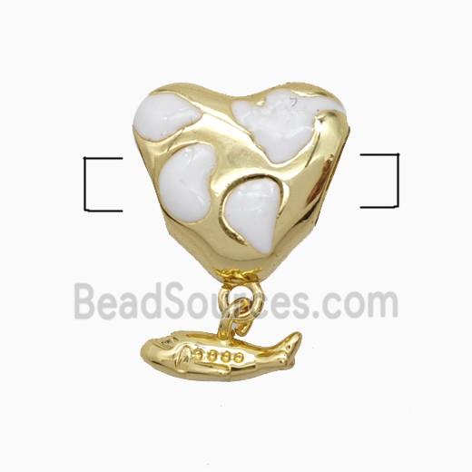 Copper Heart Beads White Enamel Large Hole Fish Gold Plated