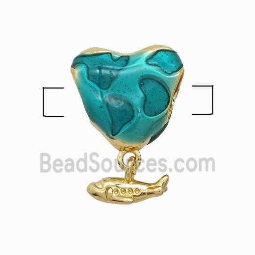 Copper Heart Beads Green Enamel Large Hole Fish Gold Plated