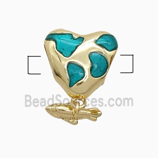 Copper Heart Beads Green Enamel Large Hole Fish Gold Plated
