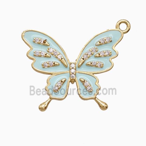 Copper Butterfly Pendant Pave Zirconia Teal Enamel Gold Plated