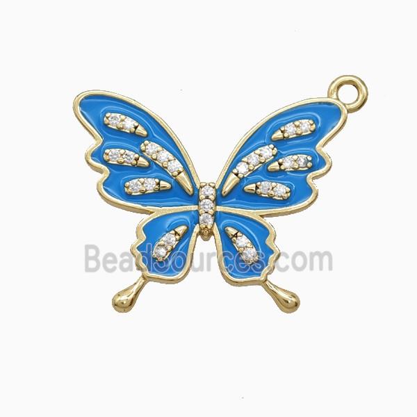 Copper Butterfly Pendant Pave Zirconia Blue Enamel Gold Plated