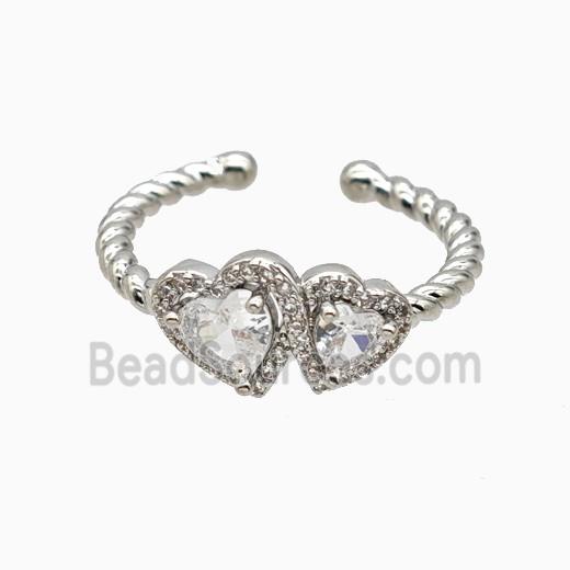 Copper Heart Rings Pave Zirconia Crystal Glass Platinum Plated