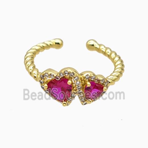 Copper Heart Rings Pave Zirconia Crystal Glass Gold Plated