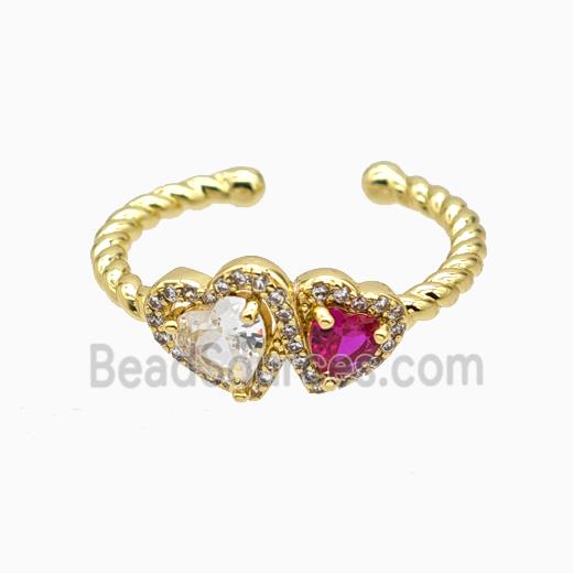 Copper Heart Rings Pave Zirconia Crystal Glass Gold Plated