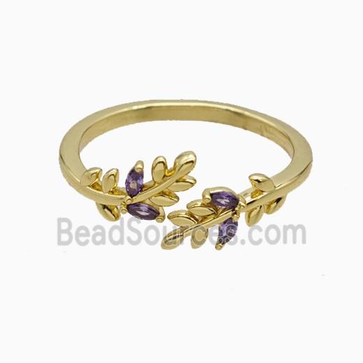 Copper Leaf Rings Pave Zirconia Gold Plated