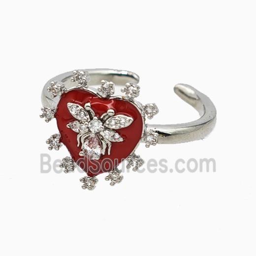 Copper Heart Rings Pave Zirconia Red Enamel Honeybee Platinum Plated