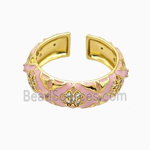 Copper Ring Pave Zirconia Pink Enamel Gold Plated