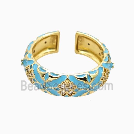 Copper Ring Pave Zirconia Teal Enamel Gold Plated