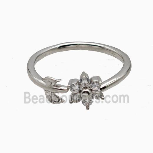 Copper Leaf Flower Rins Pave Zirconia Platinum Plated