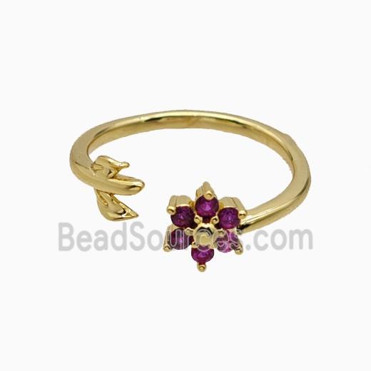 Copper Leaf Flower Rins Pave Zirconia Gold Plated