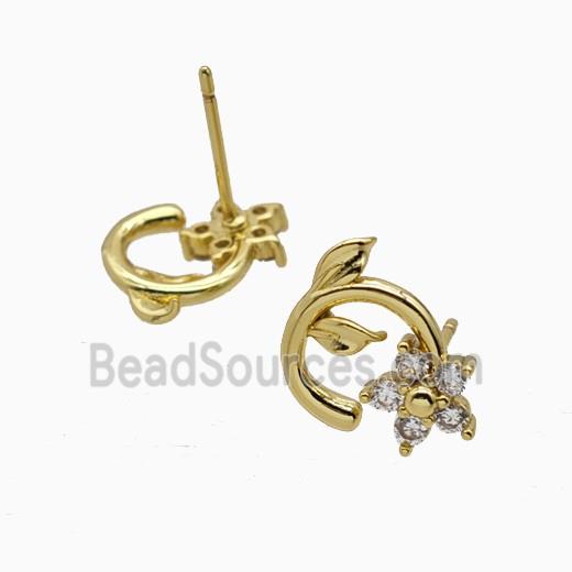 Copper Flower Stud Earrings Pave Zirconia Gold Plated