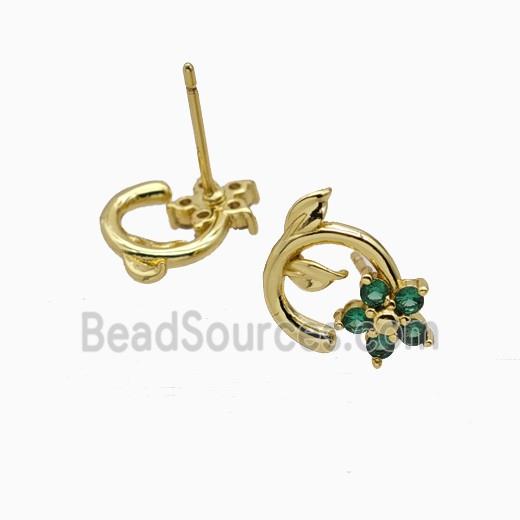 Copper Flower Stud Earrings Pave Zirconia Gold Plated