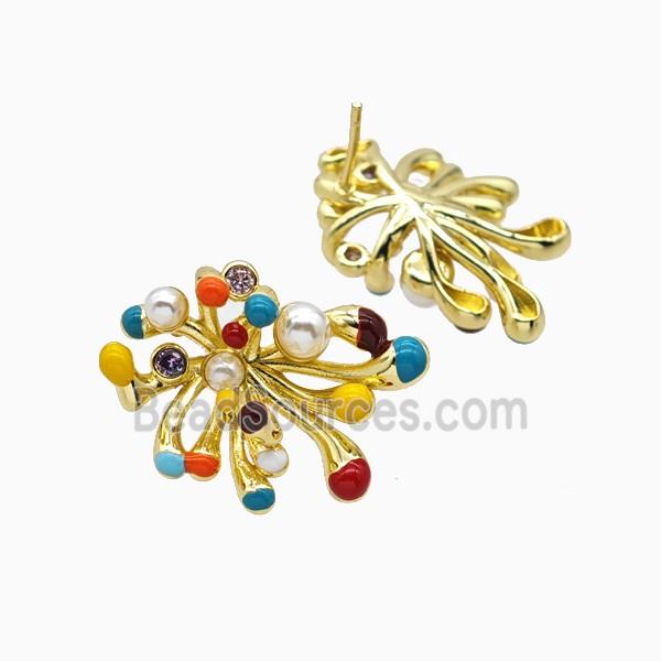 Copper Flower Stud Earrings Pave Resin Multicolor Enamel Gold Plated