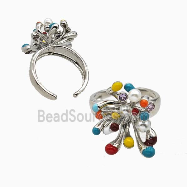 Copper Flower Rings Pave Resin Multicolor Enamel Platinum Plated
