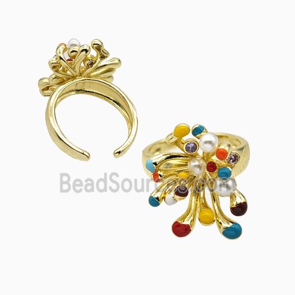 Copper Flower Rings Pave Resin Multicolor Enamel Gold Plated
