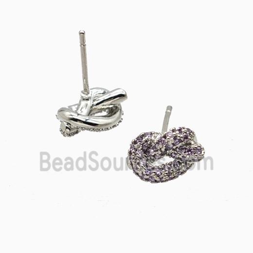 Copper Knot Stud Earrings Pave Zirconia Platinum Plated