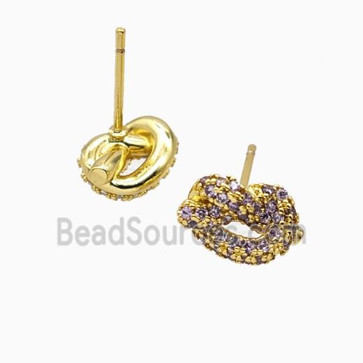 Copper Knot Stud Earrings Pave Zirconia Gold Plated