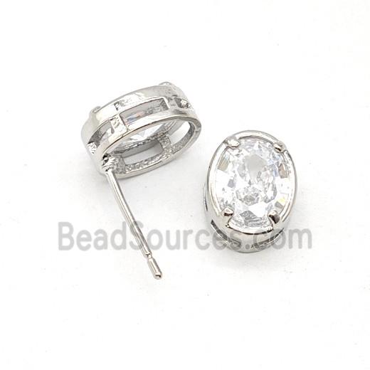Copper Oval Stud Earrings Pave Zirconia Platinum Plated