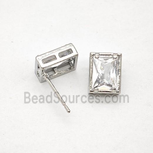 Copper Rectangle Stud Earrings Pave Zirconia Platinum Plated