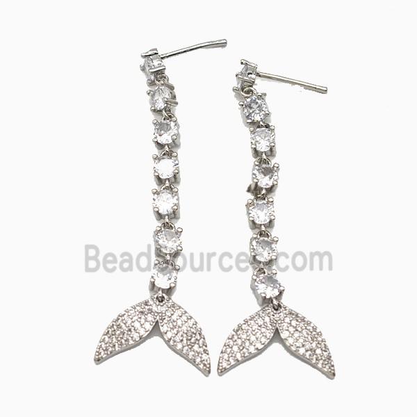 Copper Mermaid-Tail Stud Earrings Pave Zirconia Platinum Plated