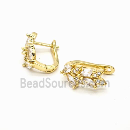 Copper Latchback Earrings Pave Zirconia Leaf Gold Plated