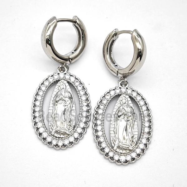Copper Vrigin Mary Hoop Earrings Pave Zirconia Platinum Plated
