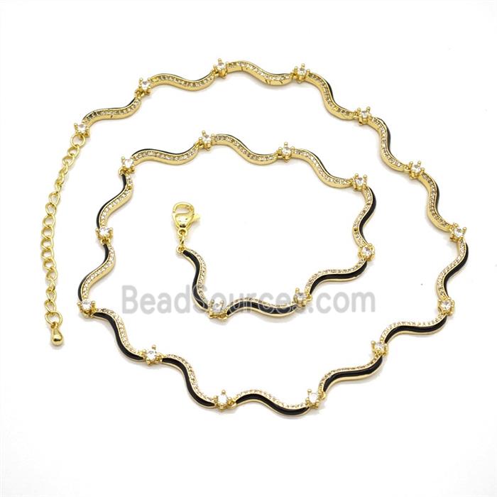 Copper Necklace Pave Zironia Black Enamel Gold Plated
