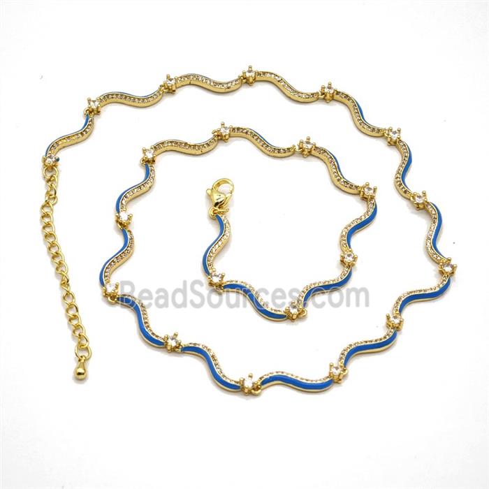 Copper Necklace Pave Zironia Blue Enamel Gold Plated