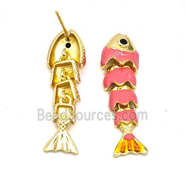 Copper Fish Stud Earrings Pink Enamel Gold Plated