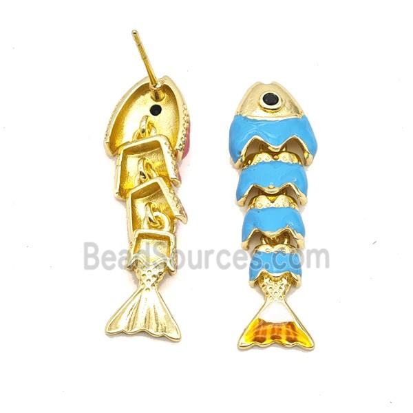 Copper Fish Stud Earrings Blue Enamel Gold Plated