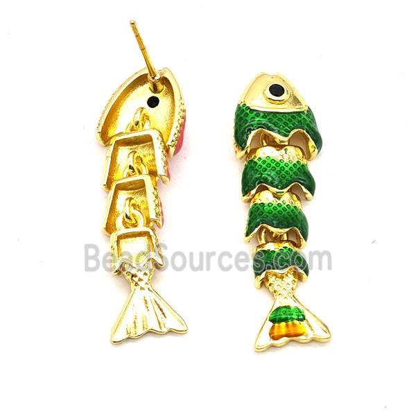 Copper Fish Stud Earrings Green Enamel Gold Plated