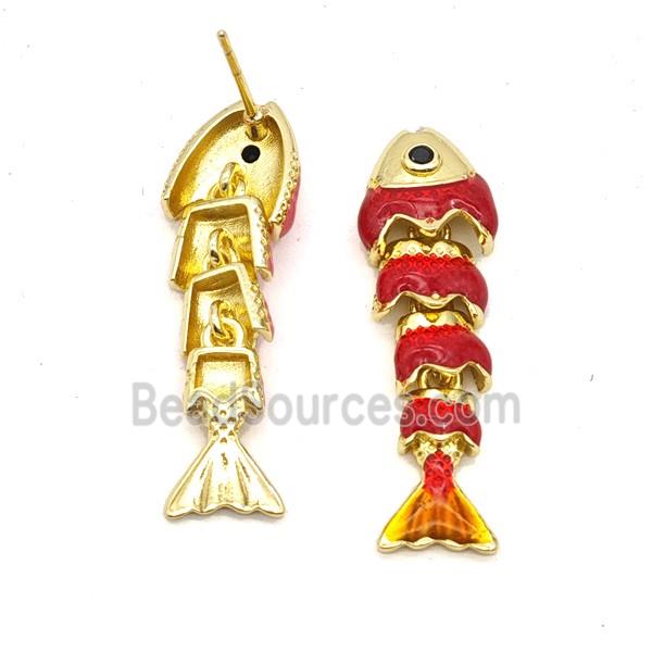 Copper Fish Stud Earrings Red Enamel Gold Plated