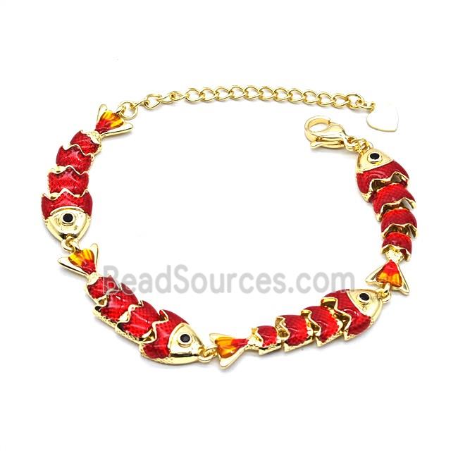 Copper Fish Bracelet Red Enamel Gold Plated