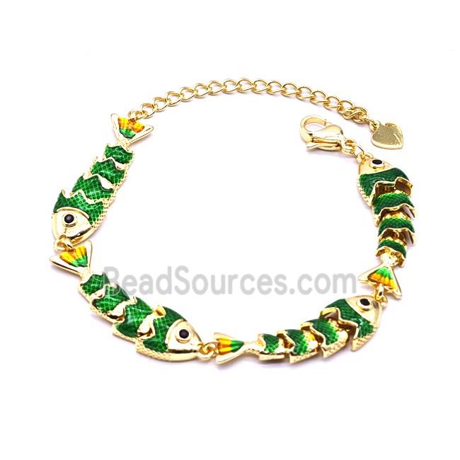 Copper Fish Bracelet Green Enamel Gold Plated