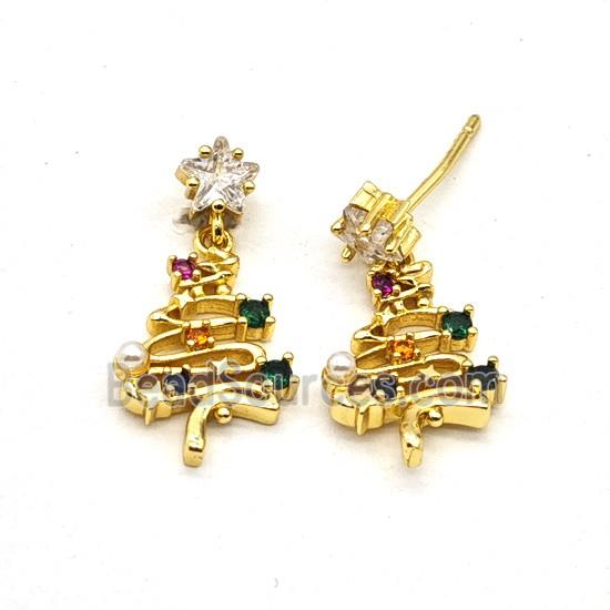Copper Christmas Tree Stud Earrings Pave Zirconia Gold Plated