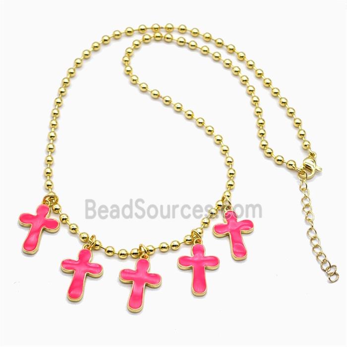 Copper Cross Necklace Hotpink Enamel Gold Plated