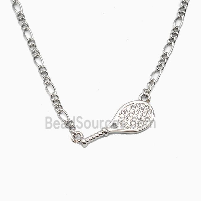 Tennis Racket Copper Necklace Pave Zirconia Sports Platinum Plated