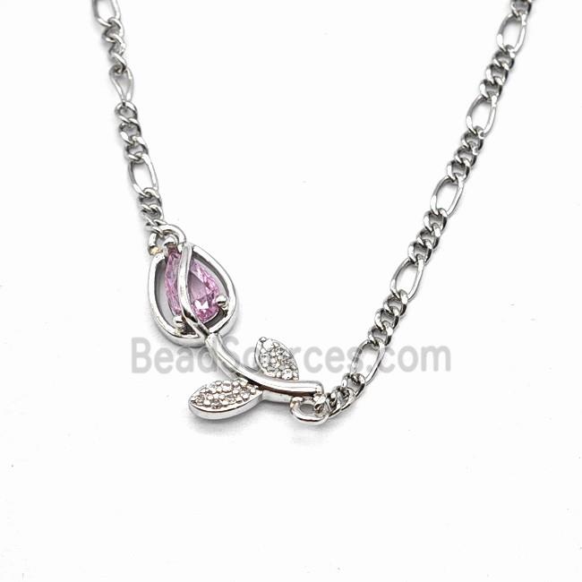 Copper Tulip Flower Necklace Pave Zirconia Platinum Plated