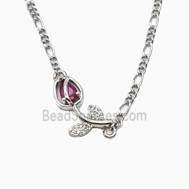 Copper Tulip Flower Necklace Pave Zirconia Platinum Plated