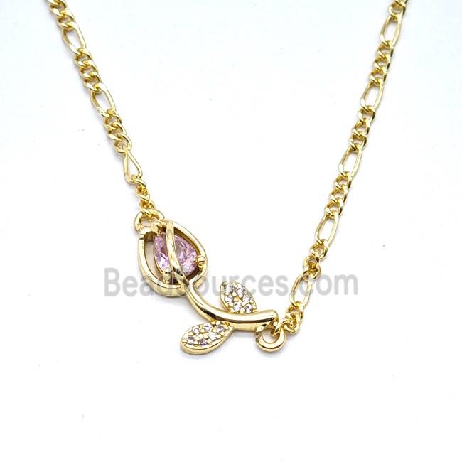 Copper Tulip Flower Necklace Pave Zirconia Gold Plated