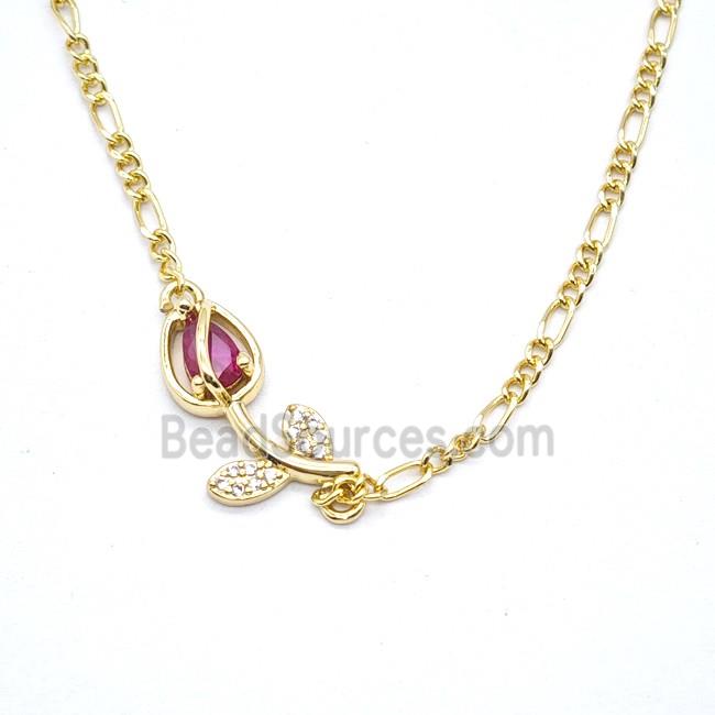 Copper Tulip Flower Necklace Pave Zirconia Gold Plated