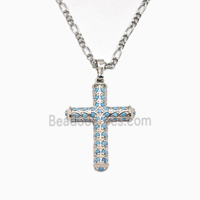 Copper Cross Necklace Pave Turq Zirconia Platinum Plated