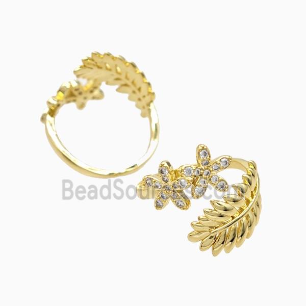 Copper Flower Leaf Rings Pave Zirconia 18K Gold Plated