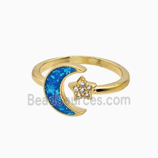 Copper Star Moon Rings Pave Zirconia Fireopal 18K Gold Plated