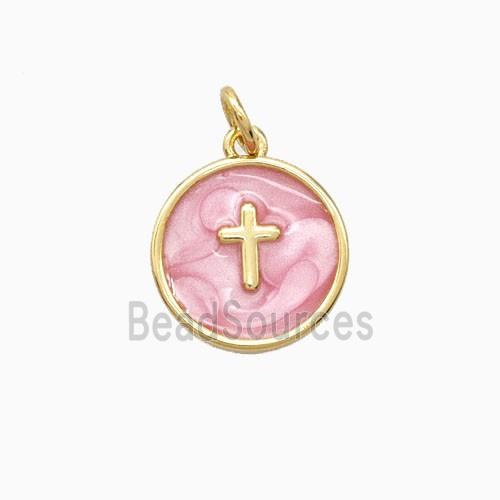 Copper Cross Pendant Pink Enamel 18K Gold Plated